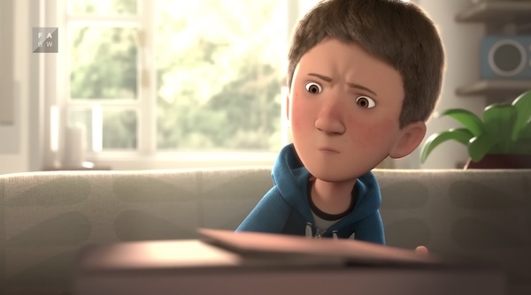 A boy looks at a box before opening it. This is an animated video.