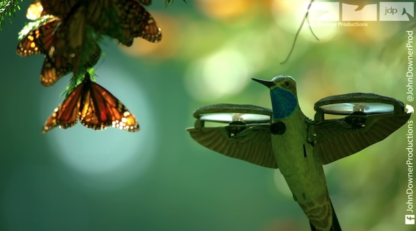 A bird that is actually a drone with a camera is next to many butterflies on a tree branch.