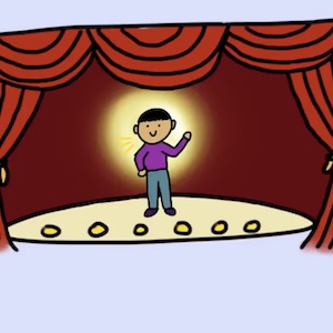 A person stands on a stage with a spotlight behind