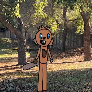 A cartoon beaver stands in front of some trees