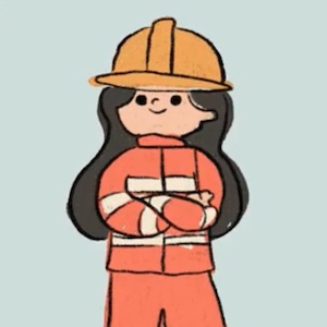 The drawing of a person with long hair shows them in a firefighter's outfit, a red jumpsuit with white stripes and a hard hat