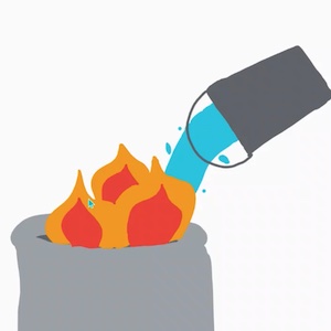A drawing of a bucket splashes water onto a fire