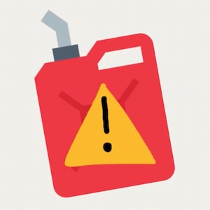 A drawing of a gasoline canister has a large exclamation point or caution symbol on it