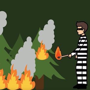 A drawing shows someone in a black and white striped outfit setting fire to a forest