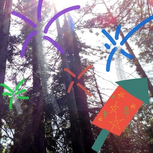 Hand drawn fireworks are on top of a picture of a forest canopy