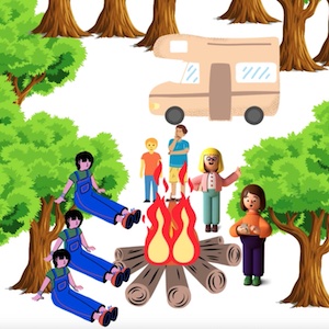 A cartoon and clip art drawing shows several people gathered around a campfire at a campsite in the middle of some woods with an RV in the background