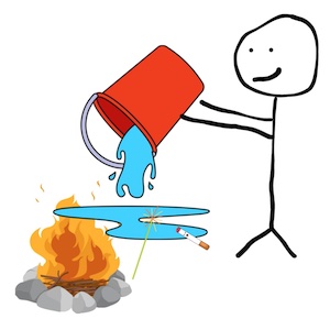 The stick figure of a person dumps a bucket of water onto a burning fire