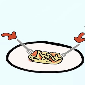 Two types of forks sit in what looks like a plate of spaghetti