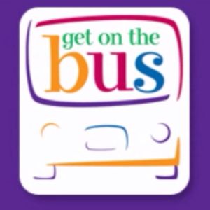 Get On The Bus Logo with words positioned to look like they are coming through the windshield of a bus