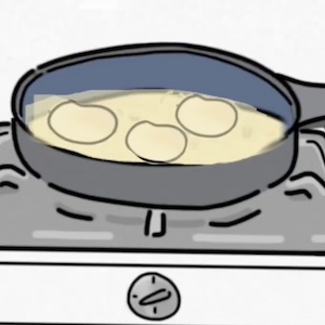A drawing shows rice balls being fried in a pan.