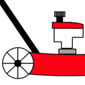 The rear wheel of a red lawnmower drawn from shapes 
