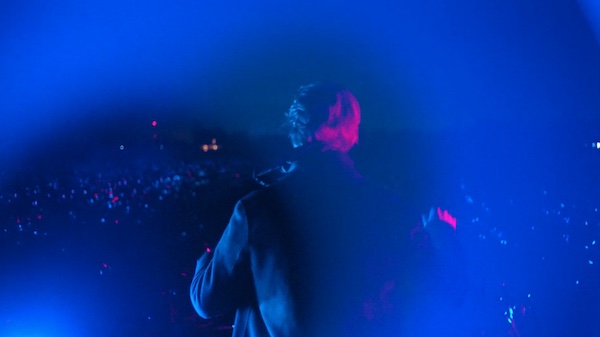 Man standing in a field with multi-colored lights displaying across the plants