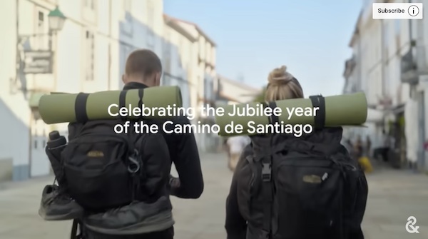 a church on the coast with an animated figure with a back pack walking