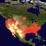 A satellite map of North America shows much of the United States glowing red and orange