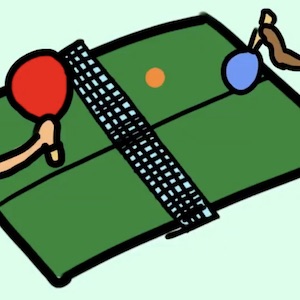 A red and a blue paddle hit an orange ball back and forth