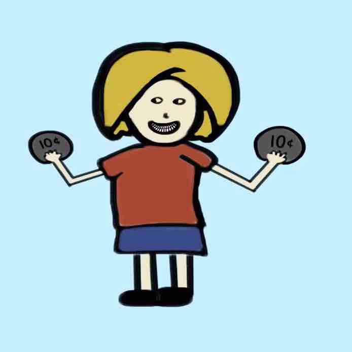 A drawing of a person holding two dimes