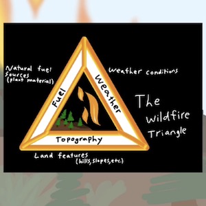 A drawing of a triangle helps explain the components that contribute to a wildfire