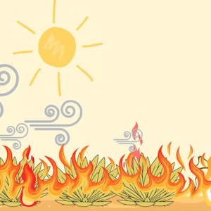 A drawing shows cartoon breeze lines in the air, a shining sun in the sky, and flames along the ground