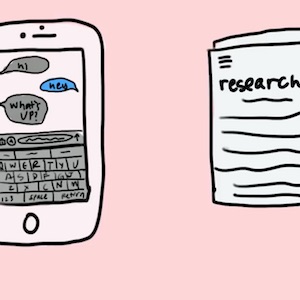 A drawing of a phone being used to research a paper being written